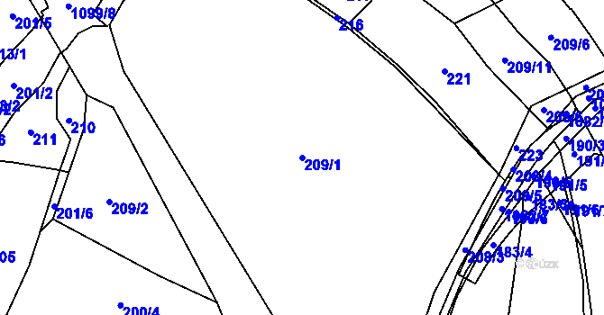 Parcela st. 209/1 v KÚ Běšiny, Katastrální mapa
