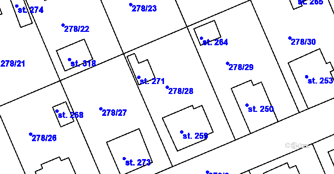 Parcela st. 278/28 v KÚ Běšiny, Katastrální mapa