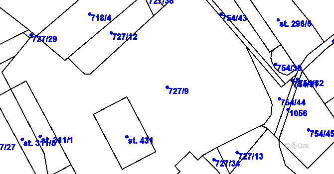 Parcela st. 727/9 v KÚ Běšiny, Katastrální mapa