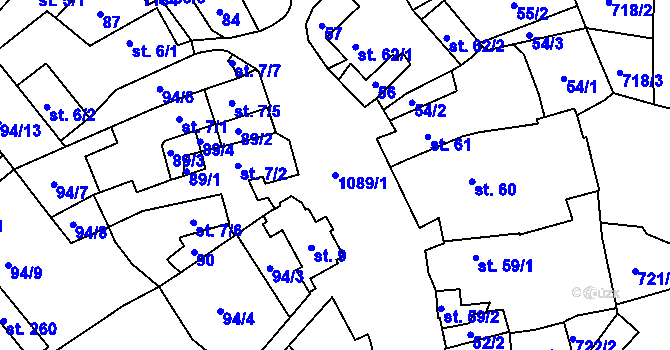 Parcela st. 1089/1 v KÚ Běšiny, Katastrální mapa
