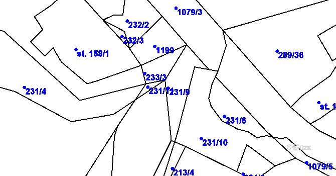 Parcela st. 231/9 v KÚ Běšiny, Katastrální mapa