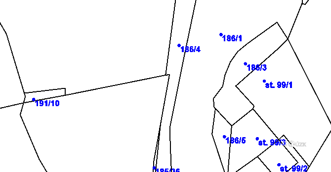 Parcela st. 186/6 v KÚ Běšiny, Katastrální mapa