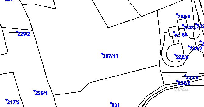 Parcela st. 207/11 v KÚ Kozí, Katastrální mapa
