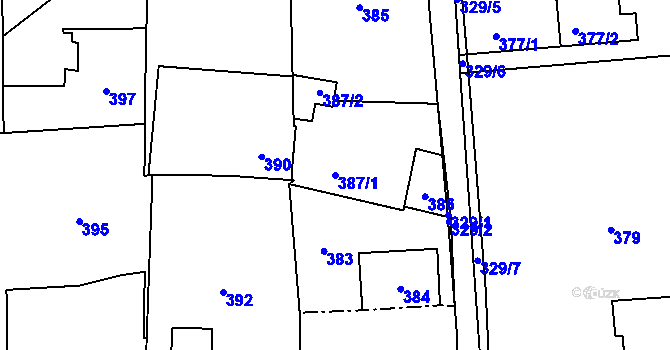 Parcela st. 387/1 v KÚ Běštín, Katastrální mapa