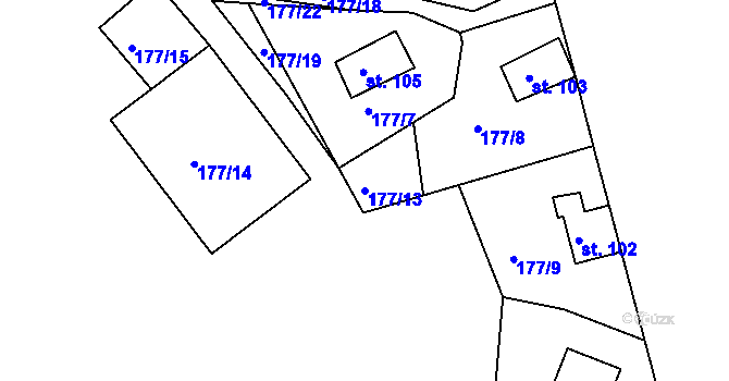 Parcela st. 177/13 v KÚ Těchnice, Katastrální mapa