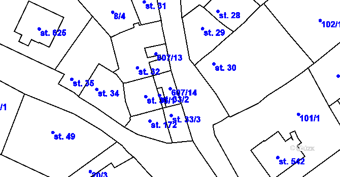 Parcela st. 607/14 v KÚ Bezno, Katastrální mapa