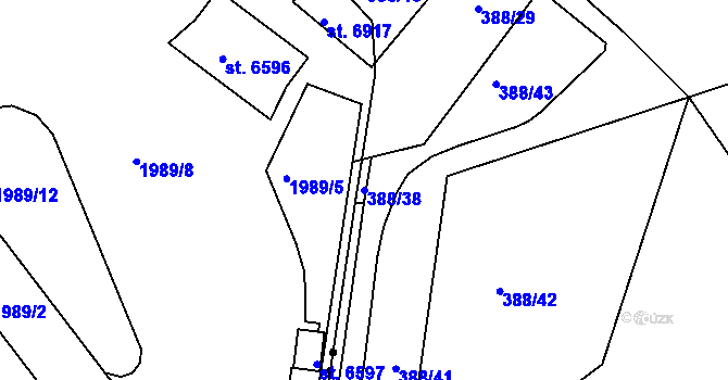 Parcela st. 388/38 v KÚ Bílany, Katastrální mapa