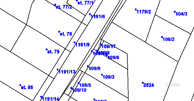 Parcela st. 109/8 v KÚ Bílavsko, Katastrální mapa