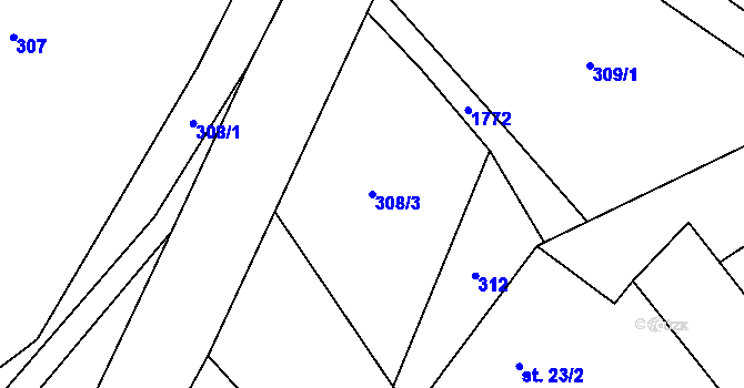 Parcela st. 308/3 v KÚ Bílčice, Katastrální mapa