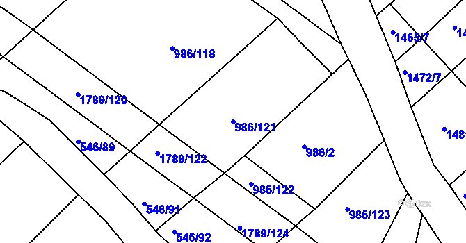 Parcela st. 986/121 v KÚ Bílé Podolí, Katastrální mapa