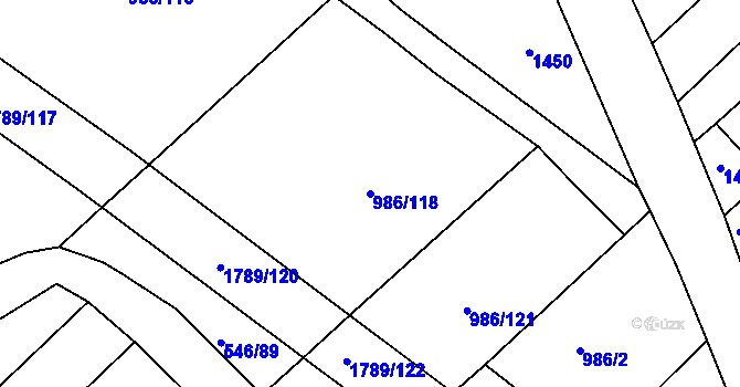 Parcela st. 986/118 v KÚ Bílé Podolí, Katastrální mapa