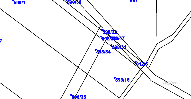 Parcela st. 598/34 v KÚ Bílé Poličany, Katastrální mapa
