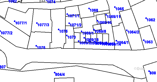 Parcela st. 1069/2 v KÚ Bílina, Katastrální mapa