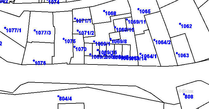 Parcela st. 1069/4 v KÚ Bílina, Katastrální mapa