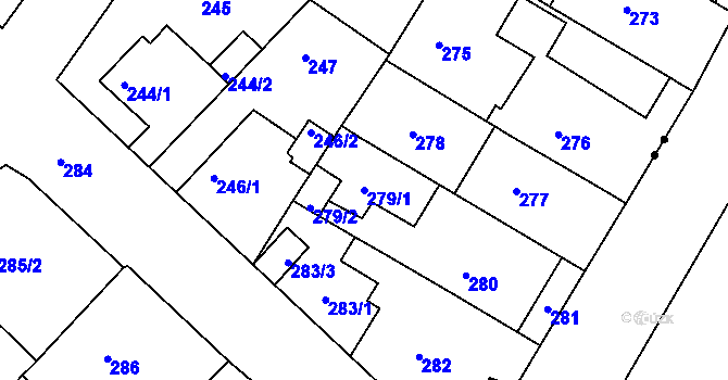 Parcela st. 279/1 v KÚ Bílina-Újezd, Katastrální mapa