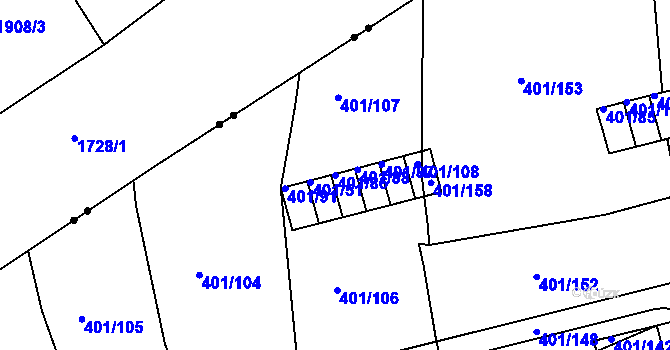 Parcela st. 401/86 v KÚ Bílina-Újezd, Katastrální mapa