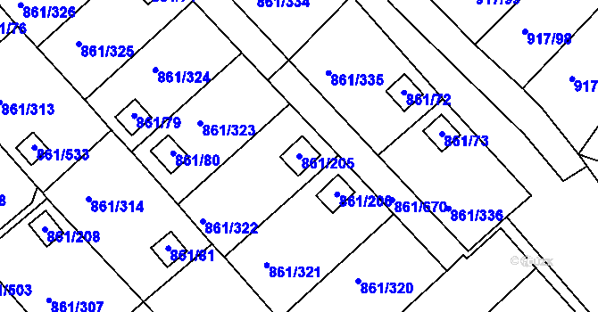 Parcela st. 861/205 v KÚ Bílina-Újezd, Katastrální mapa