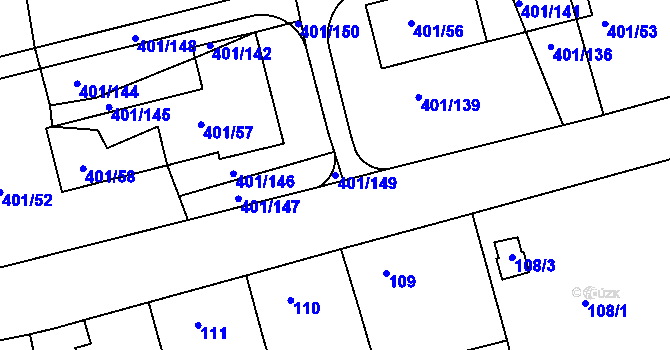 Parcela st. 401/149 v KÚ Bílina-Újezd, Katastrální mapa