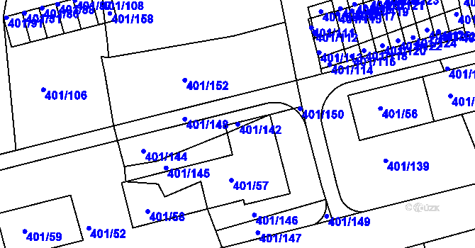 Parcela st. 401/142 v KÚ Bílina-Újezd, Katastrální mapa