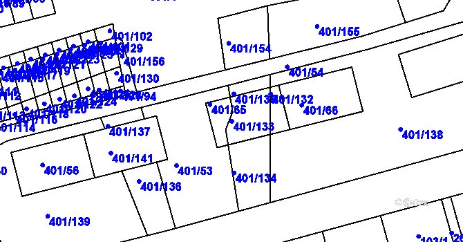 Parcela st. 401/133 v KÚ Bílina-Újezd, Katastrální mapa