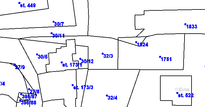 Parcela st. 32/3 v KÚ Bílovice u Uherského Hradiště, Katastrální mapa