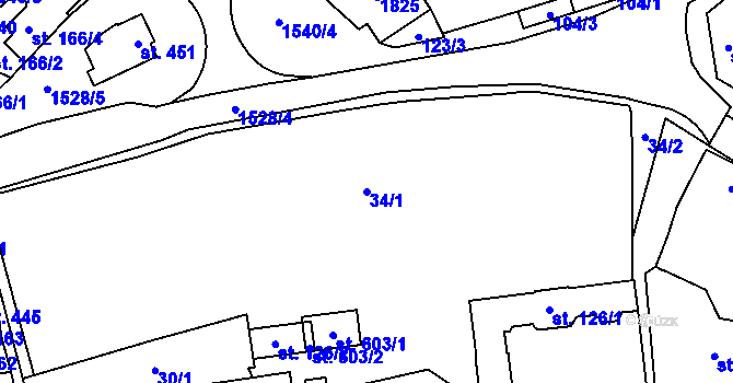 Parcela st. 34/1 v KÚ Bílovice u Uherského Hradiště, Katastrální mapa