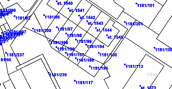 Parcela st. 1181/194 v KÚ Bílovice nad Svitavou, Katastrální mapa