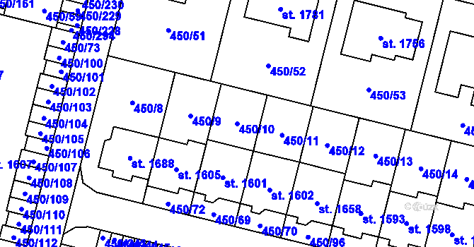 Parcela st. 450/10 v KÚ Bílovice nad Svitavou, Katastrální mapa