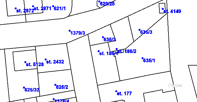 Parcela st. 186/1 v KÚ Blansko, Katastrální mapa