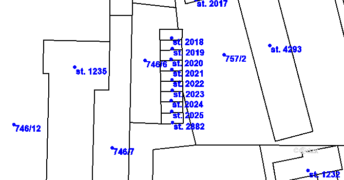 Parcela st. 2023 v KÚ Blansko, Katastrální mapa
