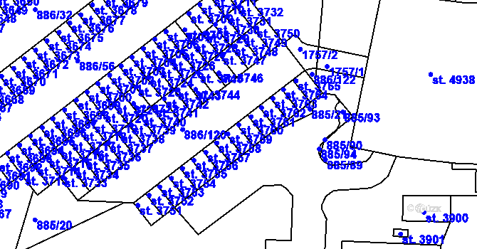 Parcela st. 3760 v KÚ Blansko, Katastrální mapa