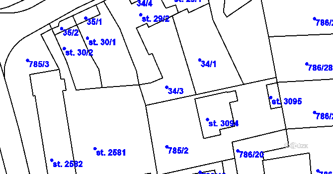 Parcela st. 34/3 v KÚ Blansko, Katastrální mapa
