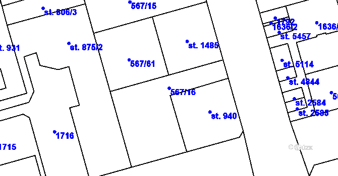 Parcela st. 567/16 v KÚ Blansko, Katastrální mapa