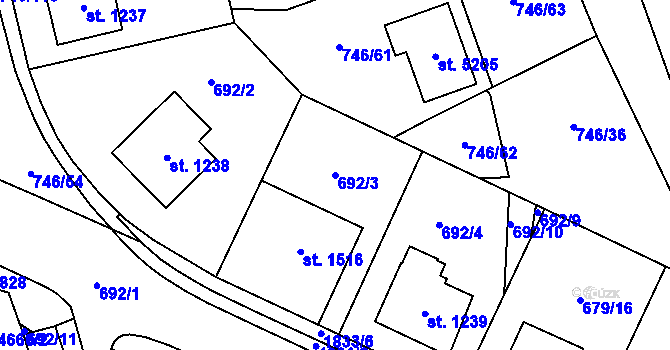 Parcela st. 692/3 v KÚ Blansko, Katastrální mapa