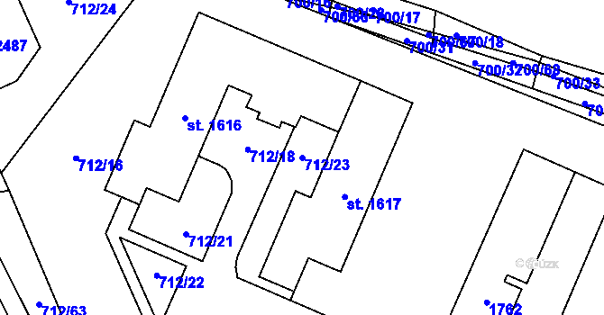 Parcela st. 712/23 v KÚ Blansko, Katastrální mapa