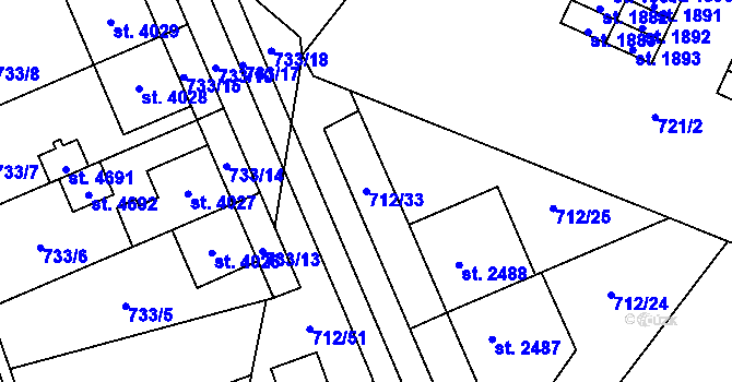 Parcela st. 712/33 v KÚ Blansko, Katastrální mapa