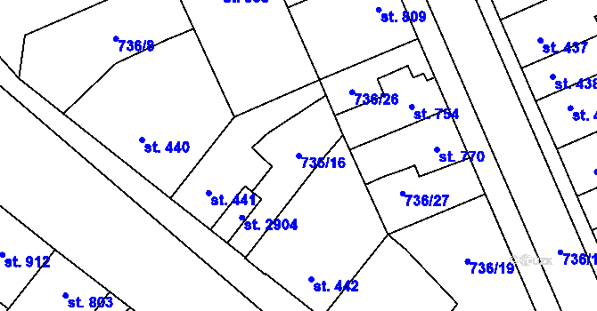Parcela st. 736/16 v KÚ Blansko, Katastrální mapa