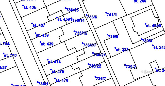 Parcela st. 736/20 v KÚ Blansko, Katastrální mapa