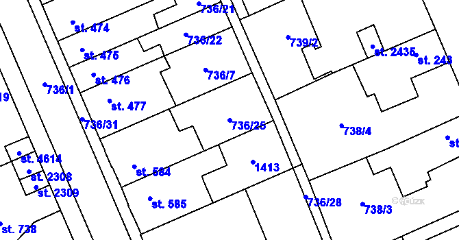 Parcela st. 736/25 v KÚ Blansko, Katastrální mapa