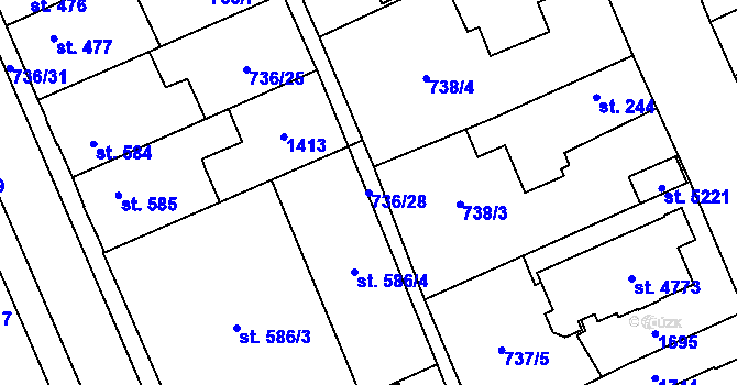 Parcela st. 736/28 v KÚ Blansko, Katastrální mapa