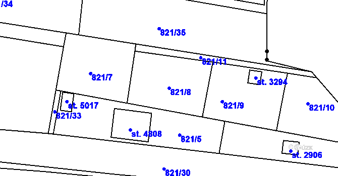 Parcela st. 821/8 v KÚ Blansko, Katastrální mapa