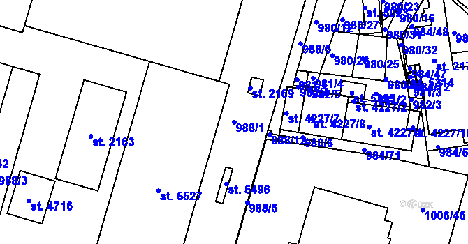 Parcela st. 988/1 v KÚ Blansko, Katastrální mapa