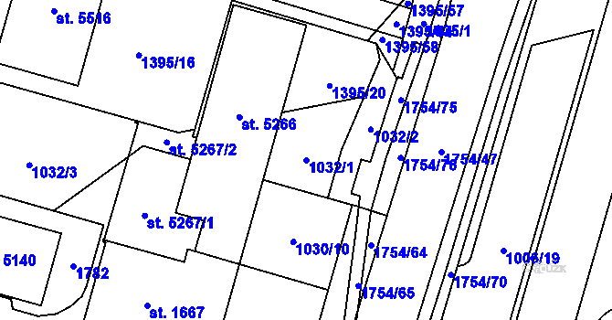 Parcela st. 1032/1 v KÚ Blansko, Katastrální mapa
