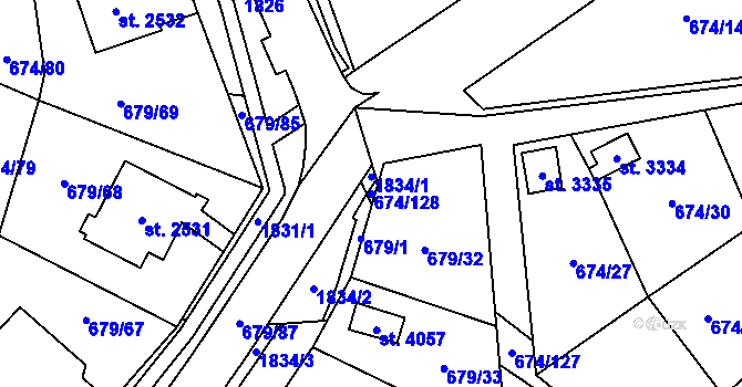 Parcela st. 674/128 v KÚ Blansko, Katastrální mapa