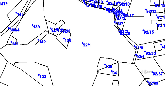 Parcela st. 92/1 v KÚ Lažánky, Katastrální mapa