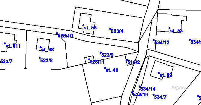 Parcela st. 523/9 v KÚ Lažánky, Katastrální mapa