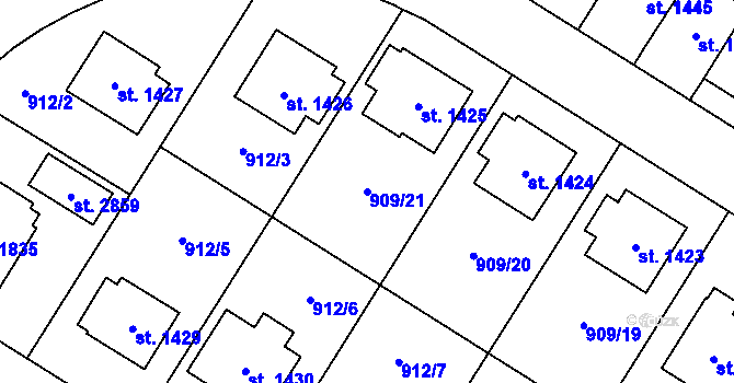 Parcela st. 909/21 v KÚ Blatná, Katastrální mapa