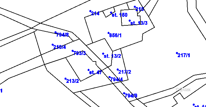 Parcela st. 13/2 v KÚ Mezihoří u Chomutova, Katastrální mapa