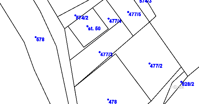 Parcela st. 477/3 v KÚ Mezihoří u Chomutova, Katastrální mapa