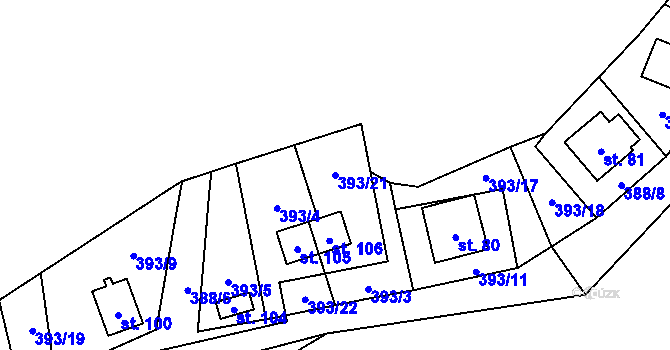 Parcela st. 393/21 v KÚ Mutyněves, Katastrální mapa